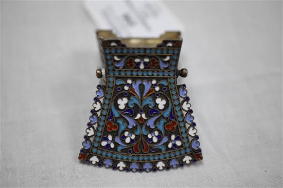 A late 19th century Russian 84 zolotnik silver and cloisonne enamel novelty salt modelled as a chair, 2.25in.